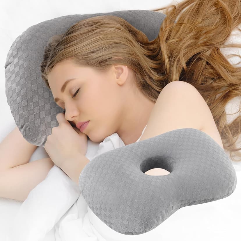 Ear Piercing Pillow with an Ear Hole, Cotton and Polyester Side Sleeping Pillow for CNH and Ear Pain Ear Inflammation Pressure Sores for Side Sleepers, Ear Guard Pillow (Light Grey)
