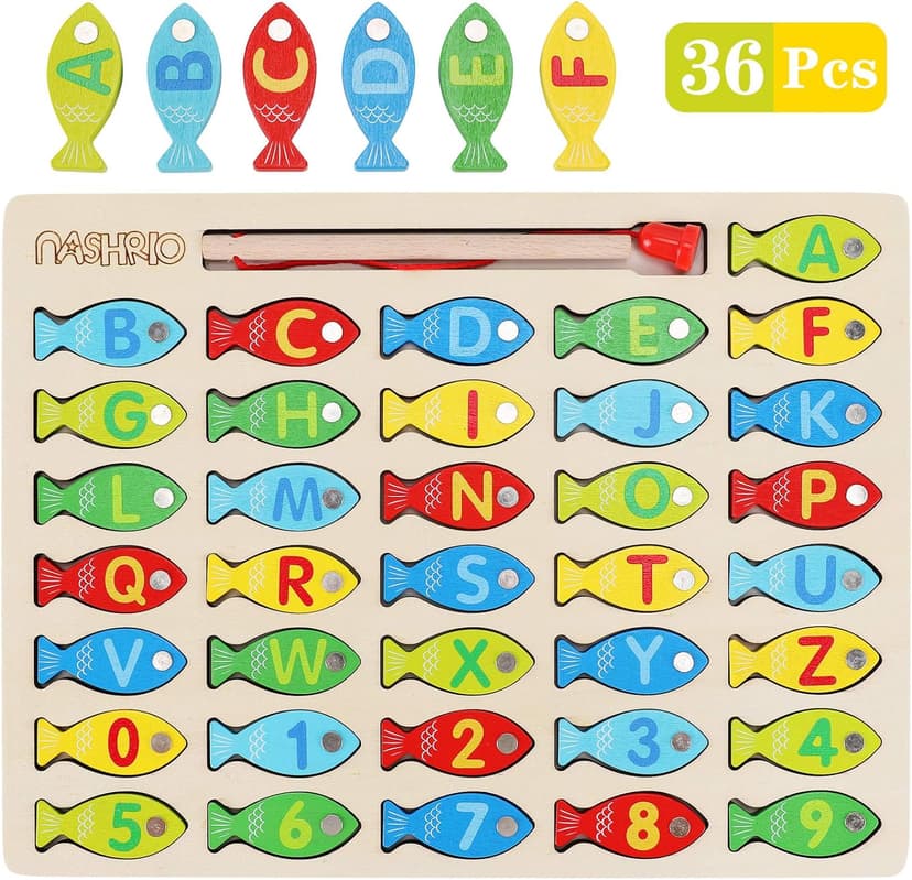 Magnetic Wooden Fishing Game Toy for Preschoolers, Alphabet Fish Catching Counting Games Puzzle with Numbers and Letters, Preschool Learning ABC and Math Educational Toys for 3 4 5 Years Old Kids B08JLSR6RN
