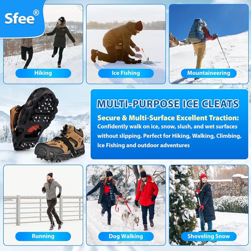 Sfee Crampons Ice Cleats for Shoes and Boots, 28 Steel Shoe Spikes Ultra-Grip Ice Cleats for Men Women Non-Slip Snow Traction Ice Grippers for Shoes and Boots for Walking, Hiking, Climbing, Fishing