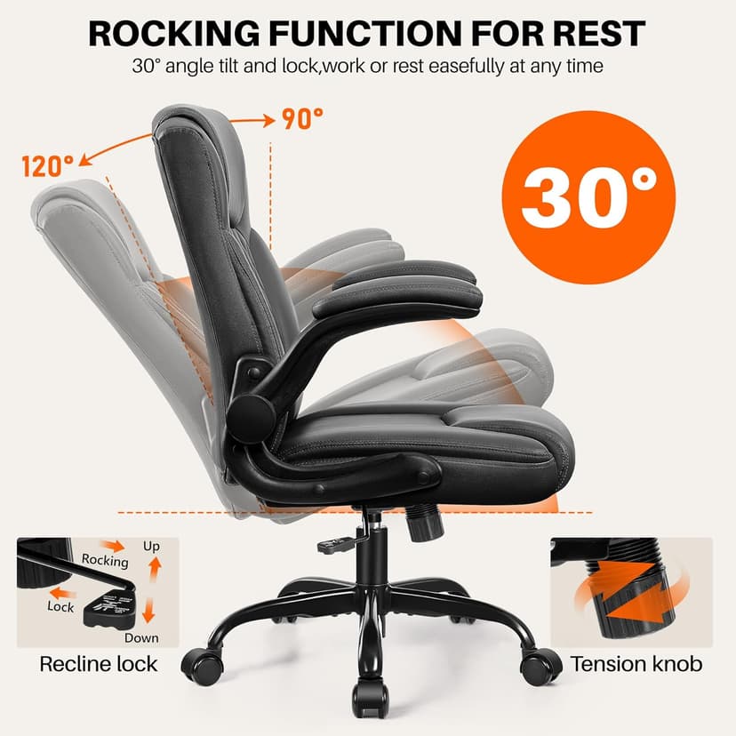 BestEra Leather Office Chair, Ergonomic Executive Desk Chair with Adjustable Armrests, 360° Swivel, High Back & Lumbar Support for Home Office (Black)