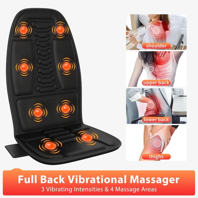 Back Massager with Heat, Massage Chair Pad with 5 Modes & 2 Heat Levels for Back & Thighs, Back Massage Pad for Office & Home Chairs, Matte Black