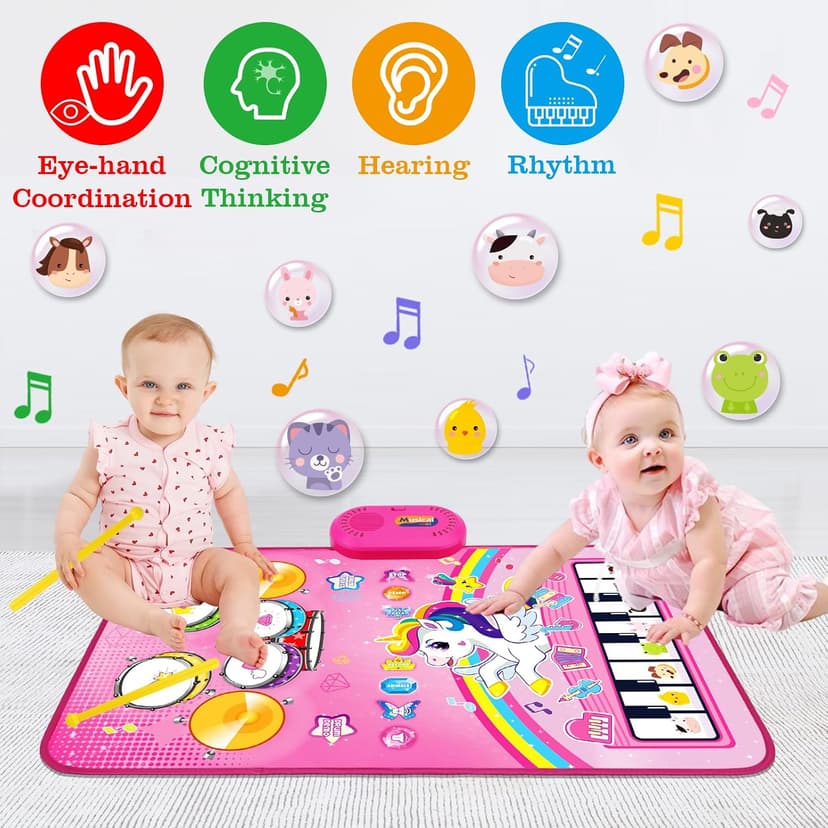 Piano Drum Animal Touch Unicorn Toy - Infant Musical Toy 12-18 Months Babies Birthday Easter Gifts for 1 2 3 Year Old Girls Toys for 1 Year Old Girl Gifts: 3 in 1 Baby Music Mat Toddler Toys Age 1-2 B0DBXXVQP3