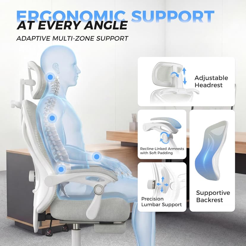 Ergonomic Office Chair with Footrest - Adjustable Lumbar Support & Headrest, 90-160° Reclining Mesh Back Computer Chair - Home Office/Gaming, 350lbs Capacity