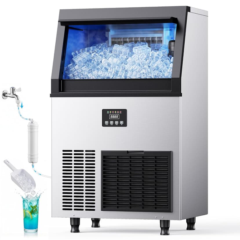 Coolake Commercial Ice Maker Machine, 200Lbs/Day Under Counter Ice Maker with 55 Lbs Storage, Stainless Steel Freestanding Built-in Outdoor Ice Machine with Water Filter for Home Bar Cafe Garage