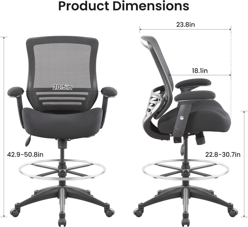 BOLISS 400lbs Mid Back Mesh Ergonomic Drafting Chair for Standing Desk Office Wide Chair Built-in Lumbar Support Big Adjustable Foot Ring Height Adjustable Armrest (Black)