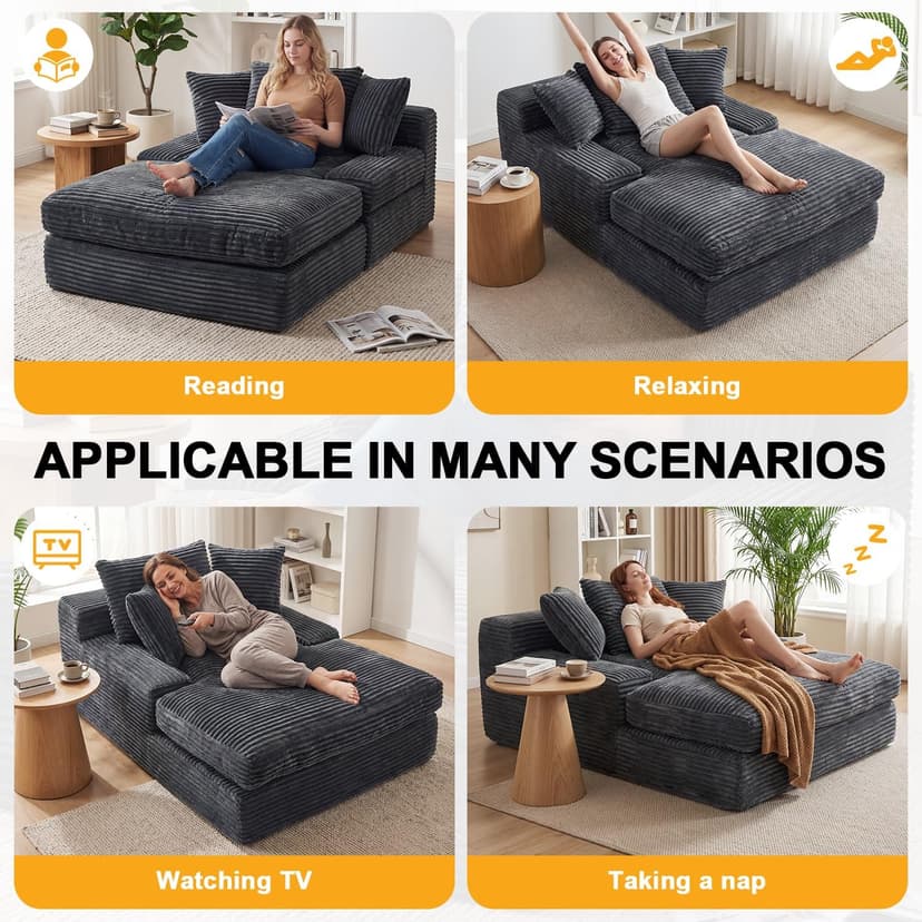 WEUP 69" Indoor Chaise Lounge, Oversized Corduroy Upholstered Armless Sofa Bed, Deep Seat Sleeper Reading Chair, Cloud Sofa for Living Room Bedroom Apartment, No Assembly Required (Gray)