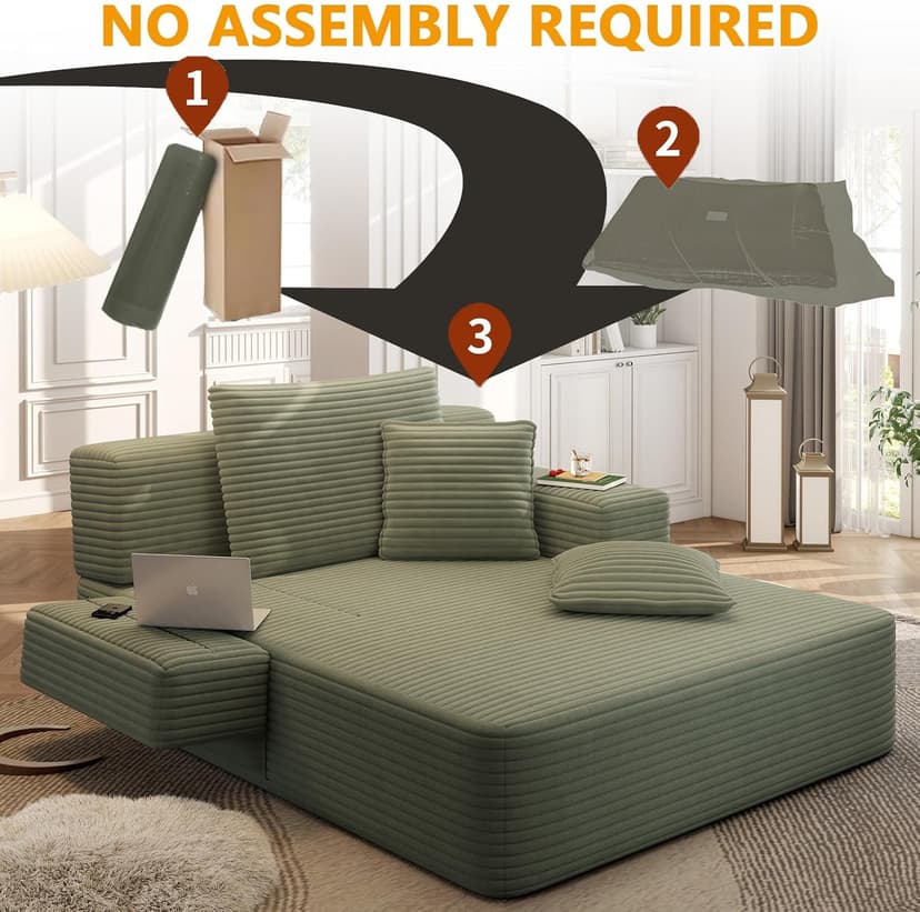 HRVEOCEI 60 Inch Oversized Chaise Lounge Chair Indoor, Corduroy Boneless Chaise with Armrests & Backrest /2 Pockets /3 Pillows, Lounge Sofa Bed for Adults Living Room (Green)