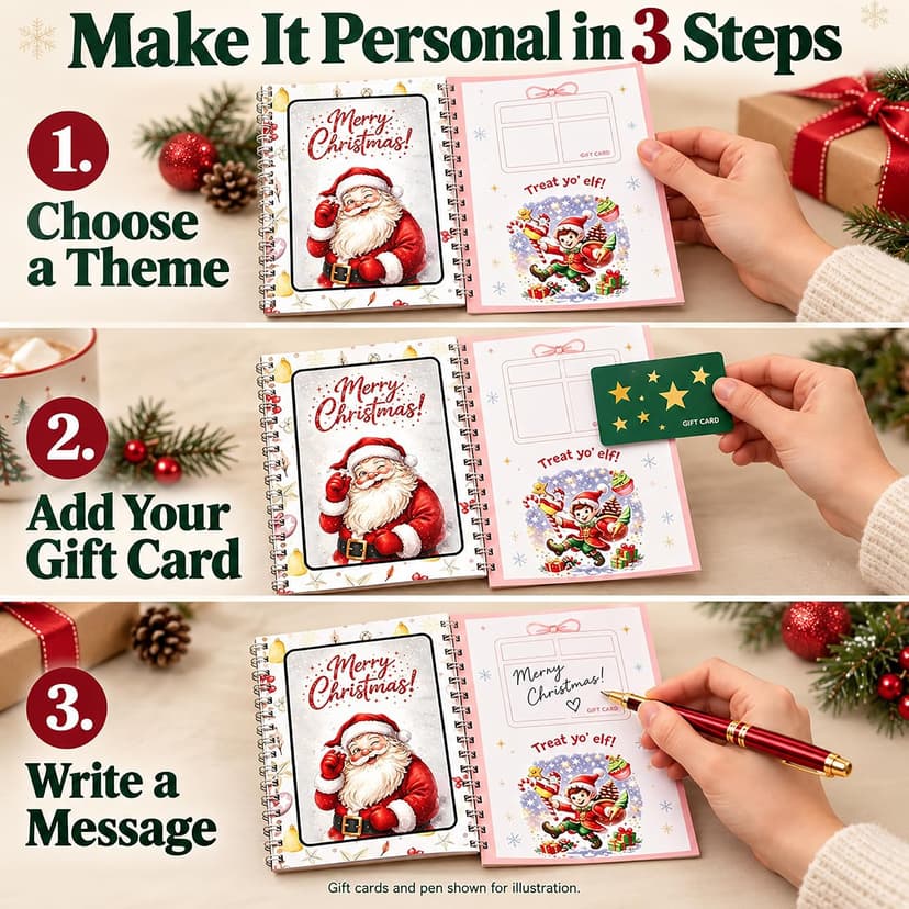 4 spiral-bound Christmas gift card books in 4 designs; each has 10 interior sheets plus front and back covers. DOTH Christmas Gift Card Book, 4 Pack, Spiral Bound for Holiday Gift Giving B0HJCRRFKL