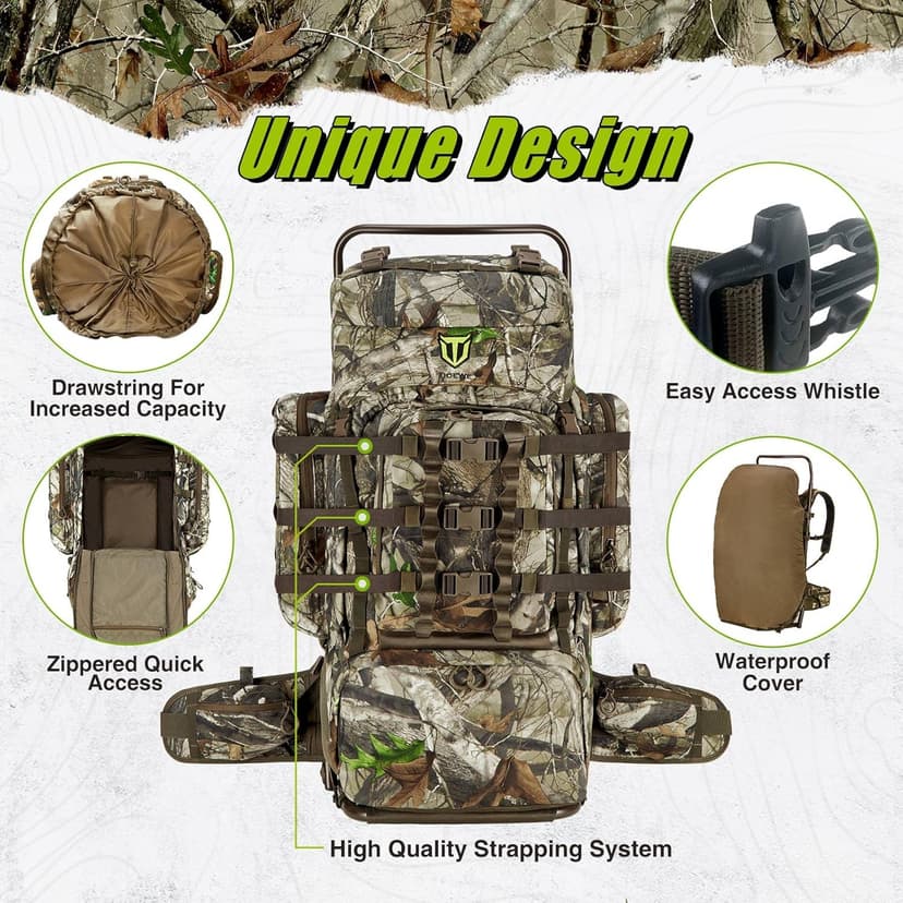 TIDEWE Hunting Backpack 5500cu with Frame and Rain Cover for Bow/Rifle/Pistol
