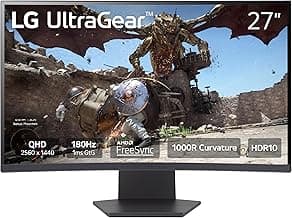 LG 27GS60QC-B Ultragear 27-inch Curved Gaming Monitor QHD (2560x1440) 180Hz 1ms 1000R AMD FreeSync HDR10 HDMIx2 DisplayPort Borderless Design Black Stabilizer DAS Crosshair FPS Counter - Black