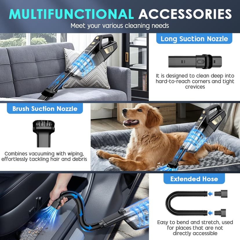 CKIKH Handheld Vacuum Cordless, 15000PA Strong Suction Hand Held Car Vacuum Cleaner Portable with Multi-Nozzles & Washable Filter, Lightweight Dust Busters Rechargeable for Home, Car, Office, Pets