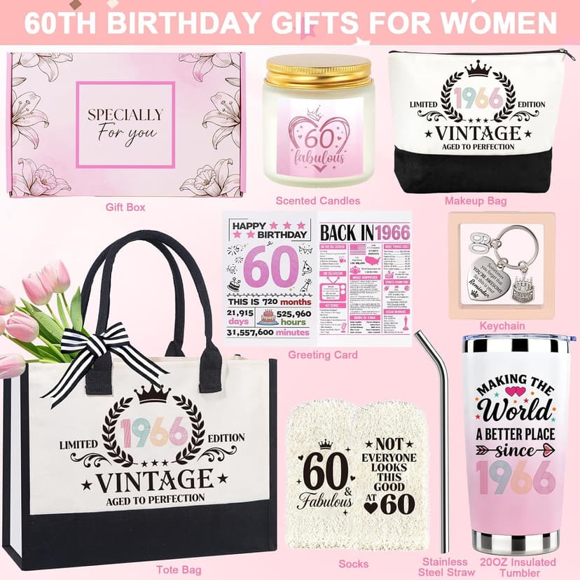 60th Birthday Gifts for Women, Vintage 1966 Birthdays Gift For Her, Cool 60 Year Old Birthday Gifts Set For Mom Wife Sister Friends Coworkers, Unique Gift Ideas With Tumbler Greeting Card Tote Bag B0H1LC1S74