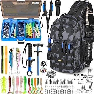 PLUSINNO Fishing Backpack with Tackle Boxes, Waterproof Fishing Sling Tackle Bag For Fishing Gear With Rod Holder, Fishing Gifts for Men With Fishing lures, Fishing pliers, Fish Lip Gripper.