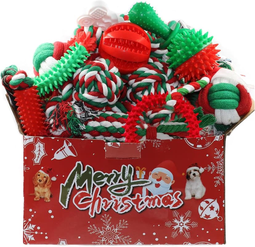 Beiker Christmas Dog Toys Bulk 15 Pack, Puppy Chew Toys for Teething Small Medium Puppies, Holiday Christmas Themed Presents Gifts Box Including Variety Tough Rubber and Rope Toys B0DG8WK4KW