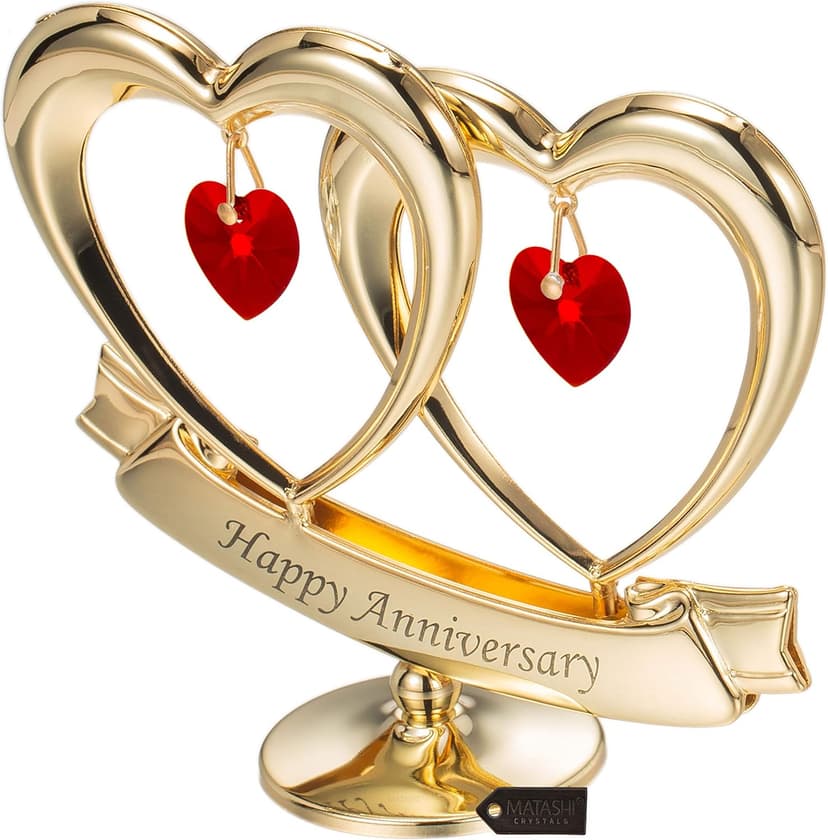 Matashi 24K Gold Plated "Happy Anniversary" Double Heart Table Top Ornament With Red-Cut Crystals