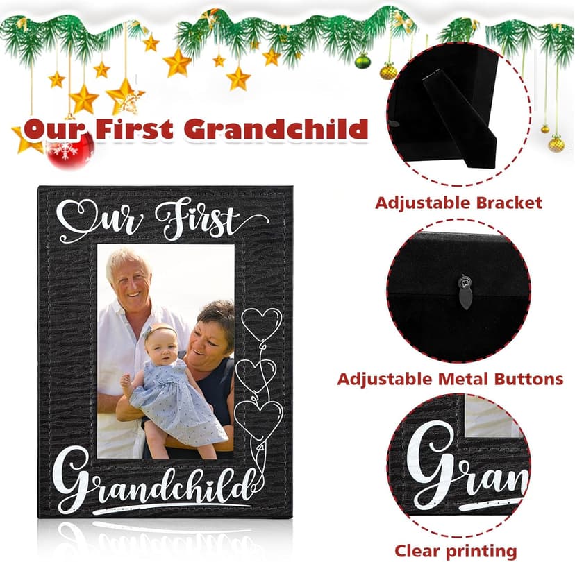 FLYAB First Time Grandparents Picture Frame - Our First Grandchild Leather Photoframe for New Grandparent Christmas Gifts for First Time Grandma Picture Frame Grandparents' Day Gifts