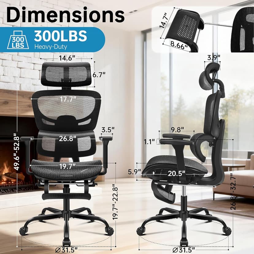 AreShark Office Chair Ergonomic Desk Chair,High Back Computer Chair with 3D Headrest & Armrests,Gaming Chair with Lumbar Support,90-135°Tilt Lock Mesh Office Chair with Footrest,Wheels,Black