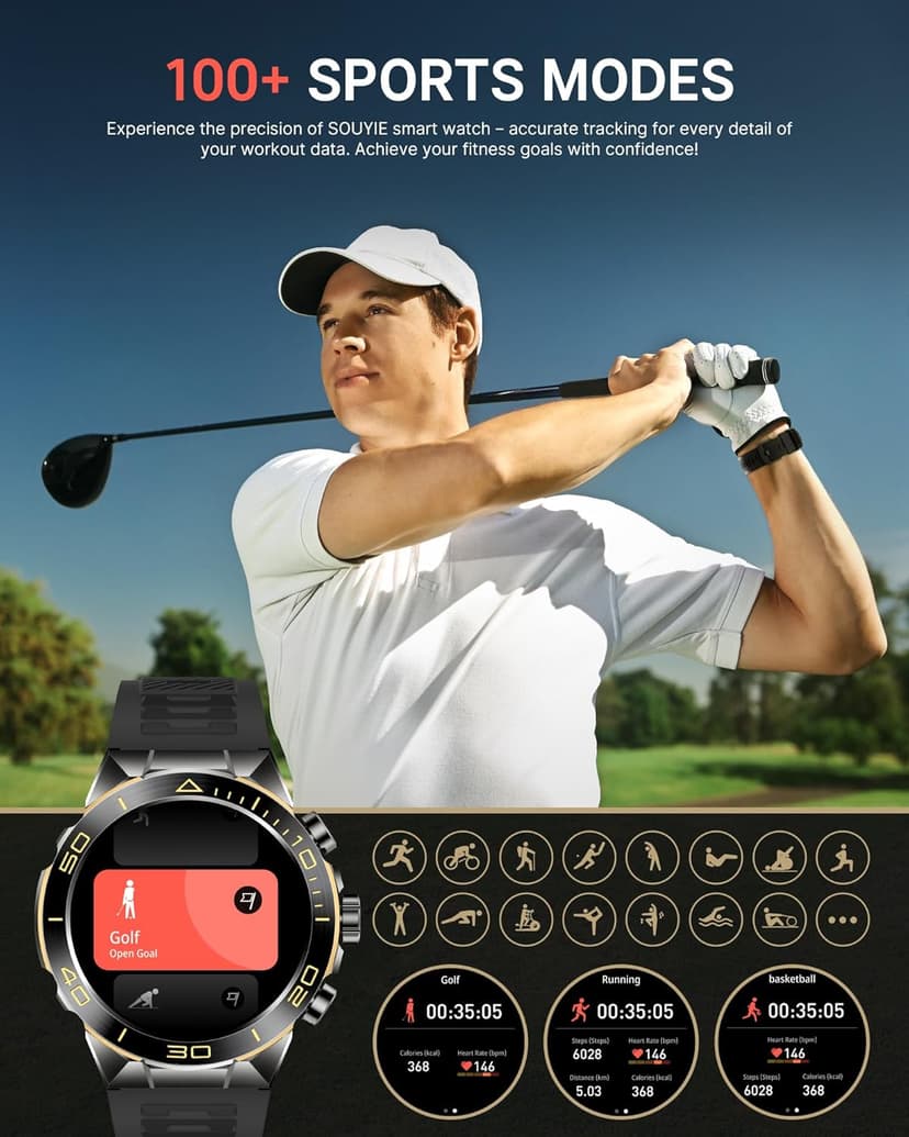 SOUYIE Smart Watch for Men Answer/Make Call for Android iPhone, 1.43" AMOLED HD Screen Mens Luxury Watch, 400mAh Heavy Duty Smartwatch Heart Rate Blood Oxygen Blood Pressure Sleep Monitor Pedometer, 2 Straps