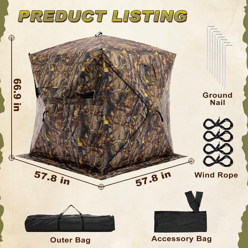 OLIXIS 270°See Through Hunting Blind, 2-3 Person Pop Up Camouflage Tent with Carrying Bag, Portable Hunting Tent with Accessory Bag