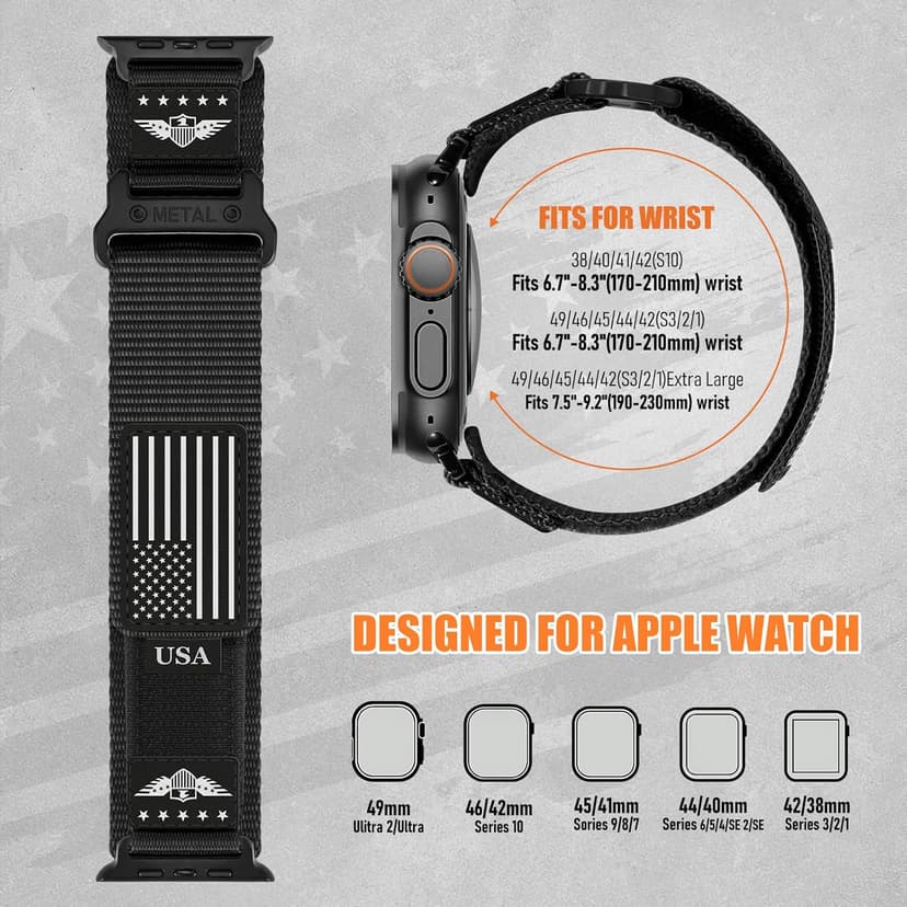 Rugged Nylon for Apple Watch Ultra 2/ Ultra 3 Band Series 11/10/9/8/7/6/5/4/3/SE iWatch Bands Men,Soft Woven Stars-Stripes Flag Wristbands Strap for Apple Watch Ultra 3/2/1 49mm 46mm 45mm 44mm 42mm