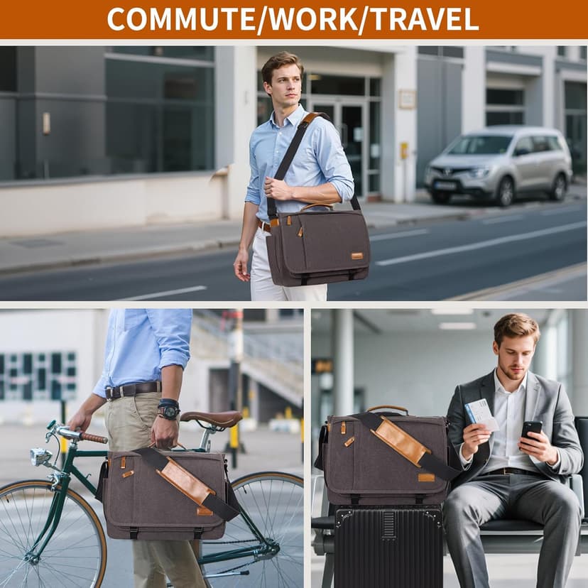 ESTARER Men Messenger Bag 17-17.3 Inch Laptop Bag Water-resistant Canvas Computer Shoulder Bag Briefcase for Work College Travel, Grey