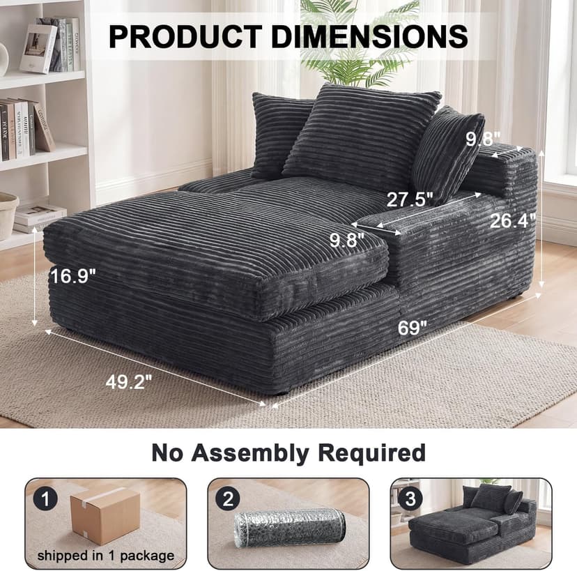 WEUP 69" Indoor Chaise Lounge, Oversized Corduroy Upholstered Armless Sofa Bed, Deep Seat Sleeper Reading Chair, Cloud Sofa for Living Room Bedroom Apartment, No Assembly Required (Gray)