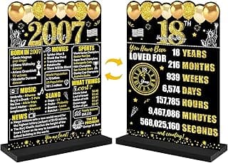 Black Gold 18th Birthday Decorations Gifts for Men Women, Two-Sided Vintage 18 Back in 2007 Theme Poster Wooden Table Sign with Stand, Eighteen Years Old Bday Centerpieces Holder for Table Decor