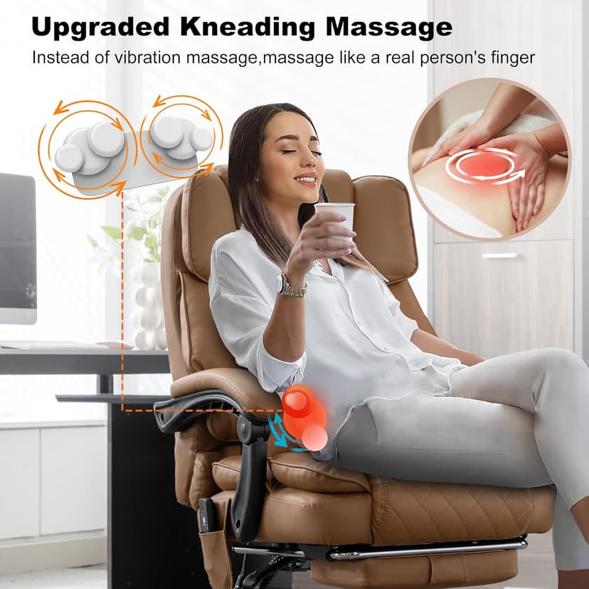 Kneading Massage Office Chair with Heated,90-135° Reclining Executive Office Chair with Footrest,Computer Desk Chair with Wheels,Diamond-Stitched Cushion Leather Office Chair,Brown