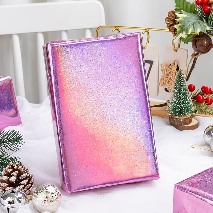 Burymento Pink Wrapping Paper Roll, Metallic Holographic Star Gift Wrap for Birthday, Valentines, Mothers day, Graduation, Wedding, Fathers day, Baby Shower, Christmas (17 IN x 32.8 FT) B0D9NFKFFC