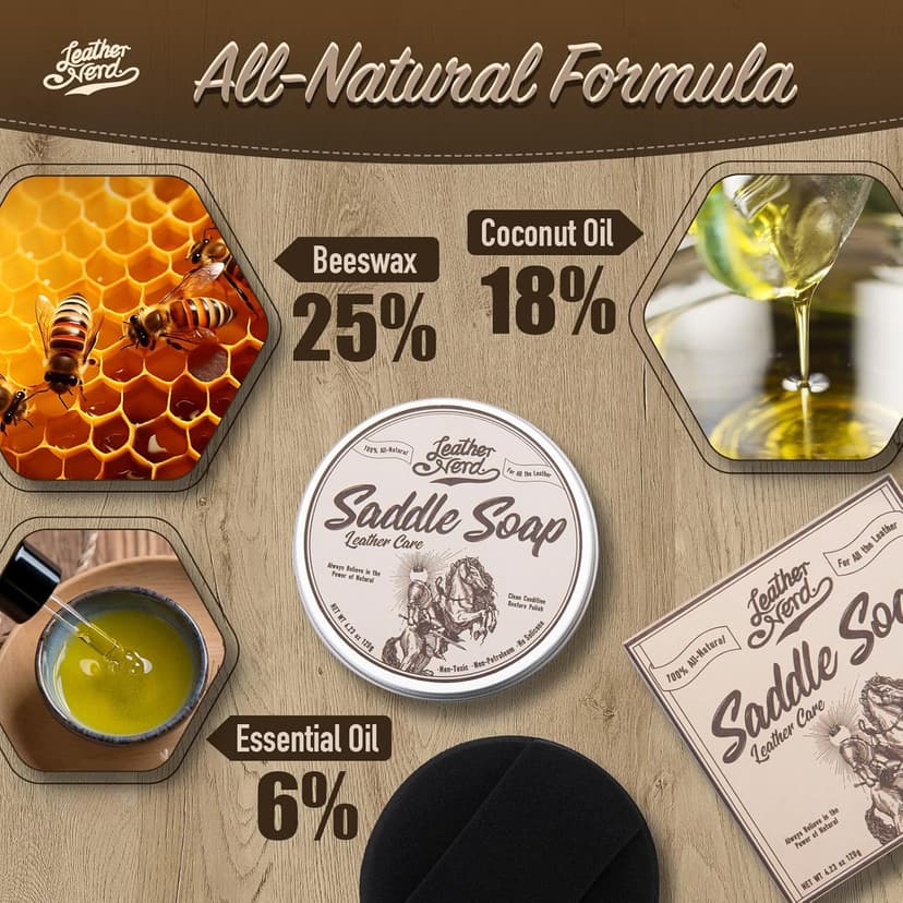 Saddle Soap for Leather, Leather Nerd Leather Cleaner Conditioner for Boots, 4.23 Oz with Sponge, All-Natural Protect Soften and Restore Shoes, Jackets, Purses, Gloves, Vinyl, and Leather Products