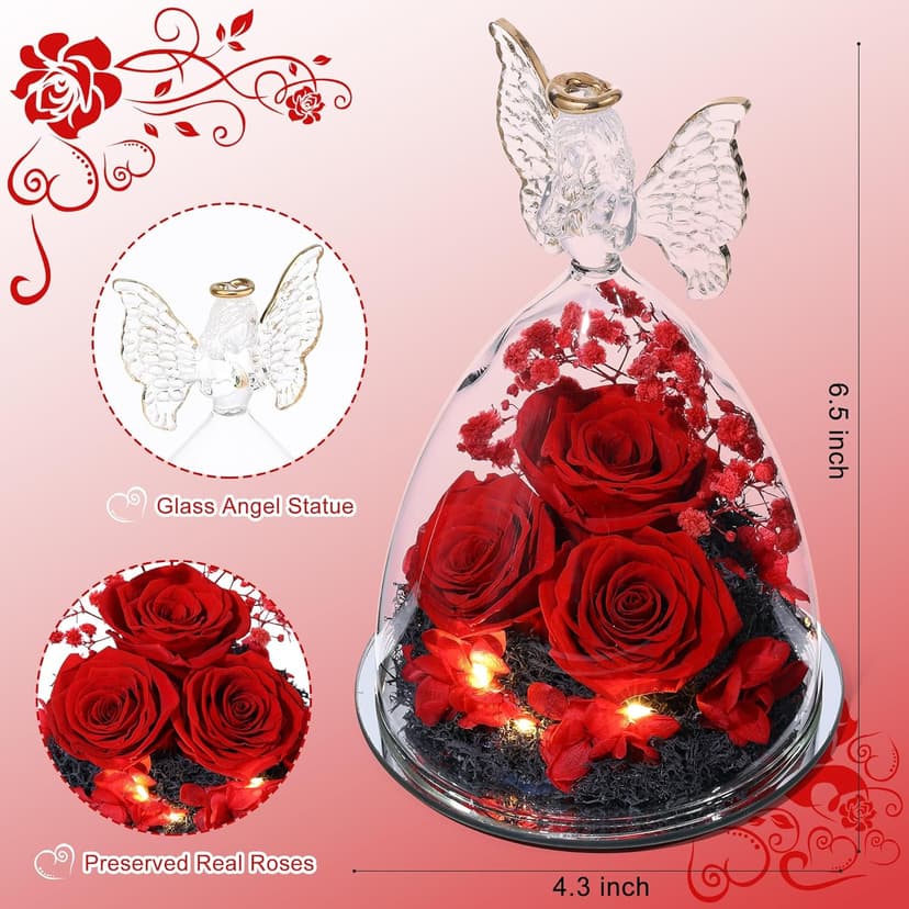 Mothers Day Mom Gifts for Women Preserved Flowers in Glass Angel Forever Flowers Gifts Eternal Roses Gifts for Grandma - Red