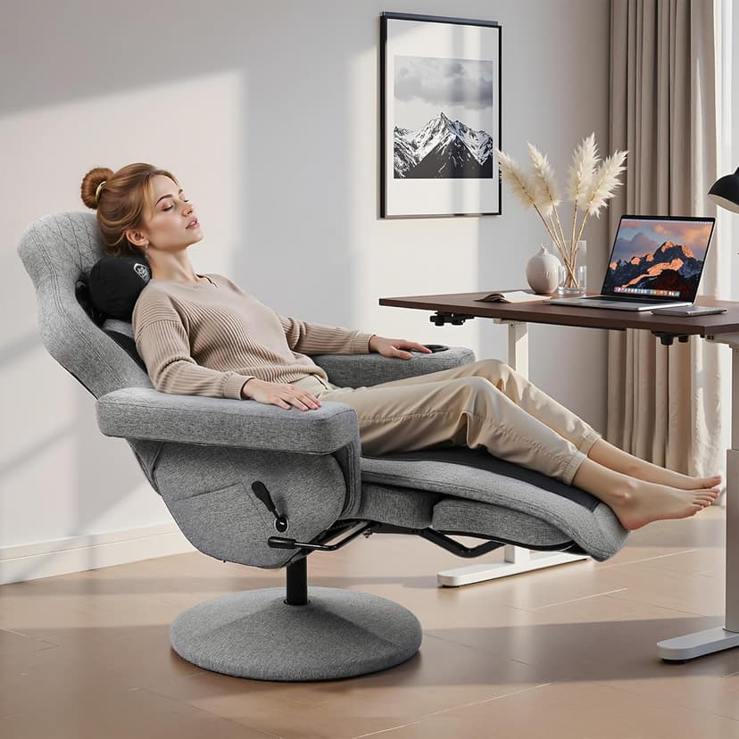 Dowinx Racing Style Gaming Recliner Chair with Massage Lumbar Support, Footrest, Cup Holder, Side Pouch, High Back Ergonomic Video Game Chair Reclining No Wheels Heavy Duty, Fabric Gray