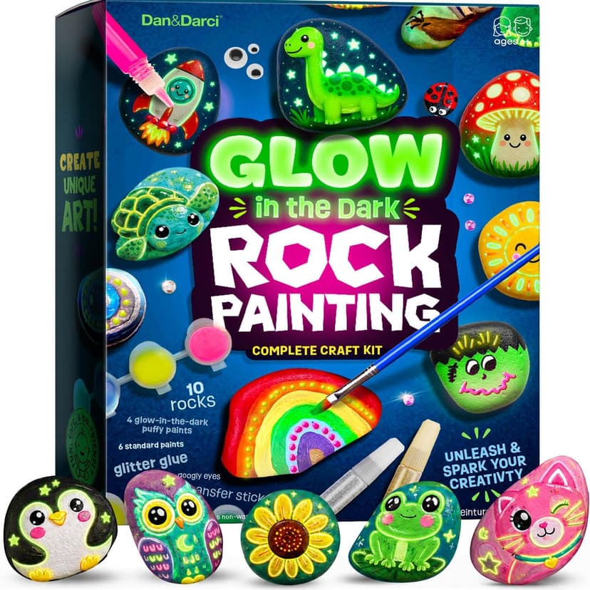Dan&Darci Kids Rock Painting Kit - Glow in The Dark - Arts & Crafts Gifts for Boys and Girls Ages 6-12 - Craft Activities Kits - Creative Art Toys for 6, 7, 8, 9, 10, 11 & 12 Year Old Kid