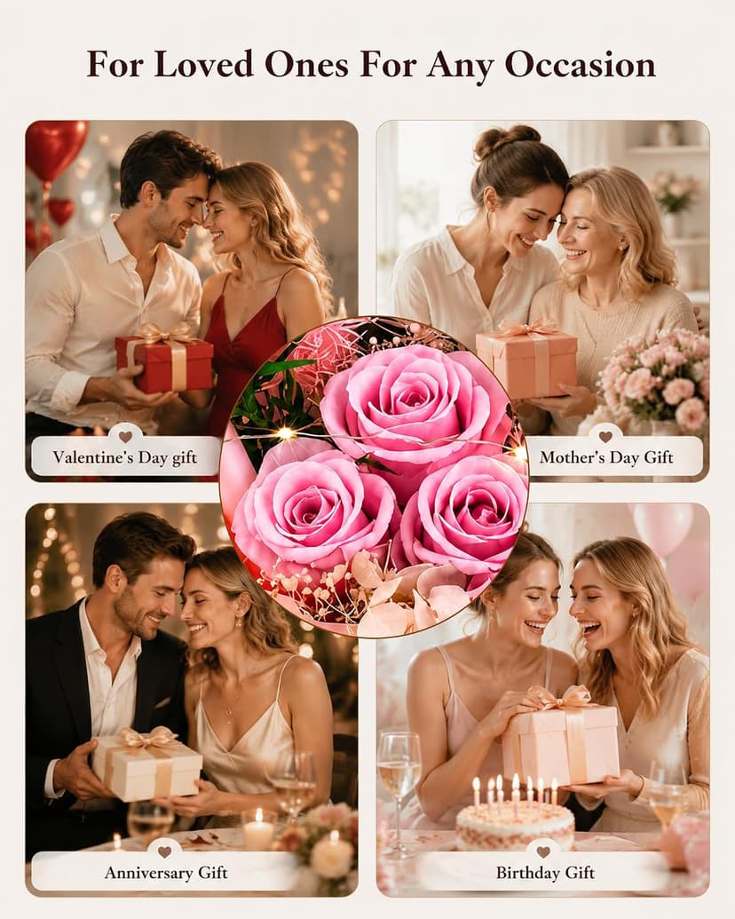 HVY Preserved Flowers Gifts for Her,Preserved Rose Bouquet in Glass Dome,Forever Flowers Fresh Bouquet Present for Women Mothers Day Birthday Gifts for Mom Wife Grandma,Pink Real Rose B0CQKXRQWD