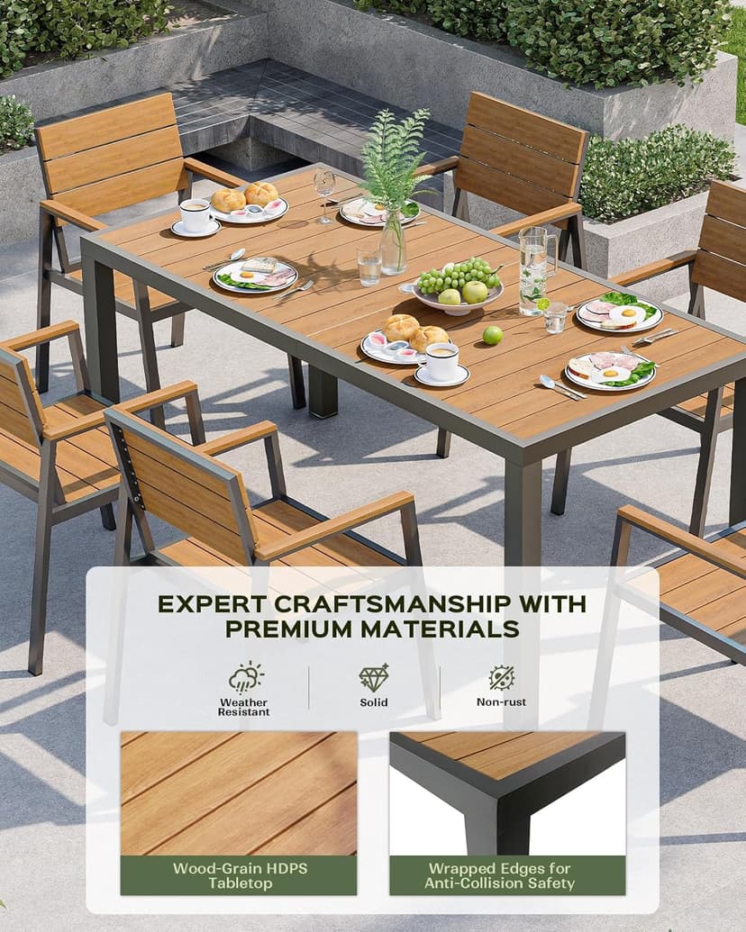 Vexwalx 7-Piece Outdoor Dining Set, Aluminum Dining Table Set for 6, Patio Table and Chairs Set with Umbrella Hole, All Weather HDPS Outdoor Table and Chairs for 6 (Gray-Teak)