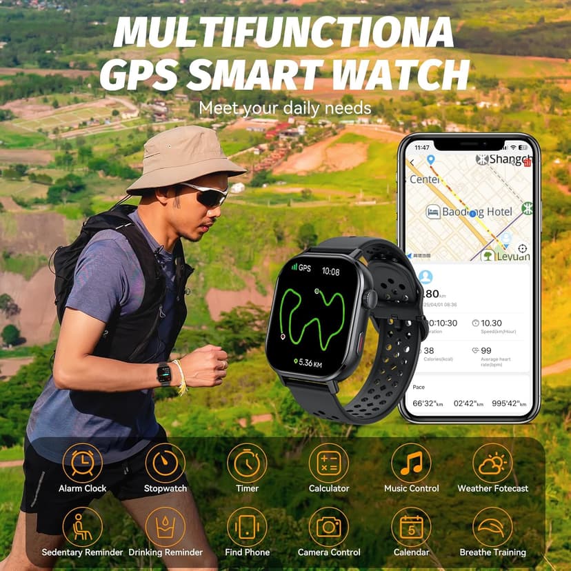 uaue GPS Smart Watch for Men, Fitness Tracker with 178+ Sports Modes, Fitness Watch with 2.06" AMOLED Touchscreen, Heart Rate/Sleep Monitor, IP68 Waterproof, Notifications for Android iOS