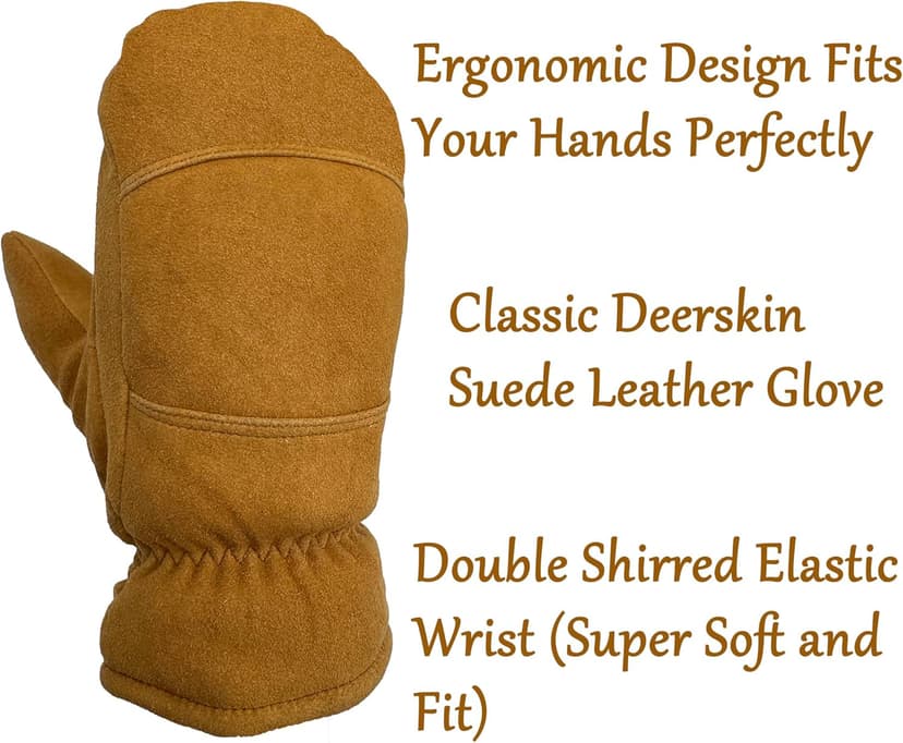 SKYDEER Premium Full Deerskin Suede Leather Soft Winter Mittens, Extra Warm 100G 3M Thinsulate, Thermal Insulated (SD3671M)