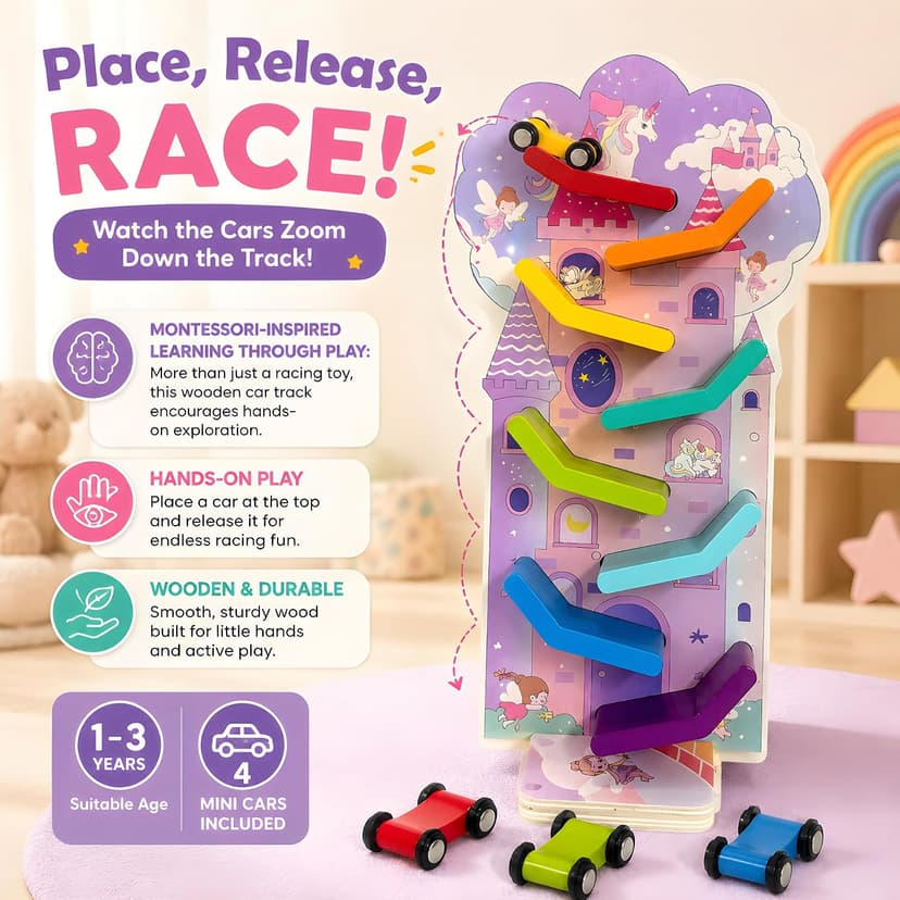 Montessori Toys for 2 Year Old Girls and Boys; Wooden Car Ramp for Cause-and-Effect and Hand-Eye Coordination; Birthday Gift Unicorn Car Ramp Toys for Toddlers 1-3, Wooden Race Track with 4 Mini Cars B0H7HBYL82
