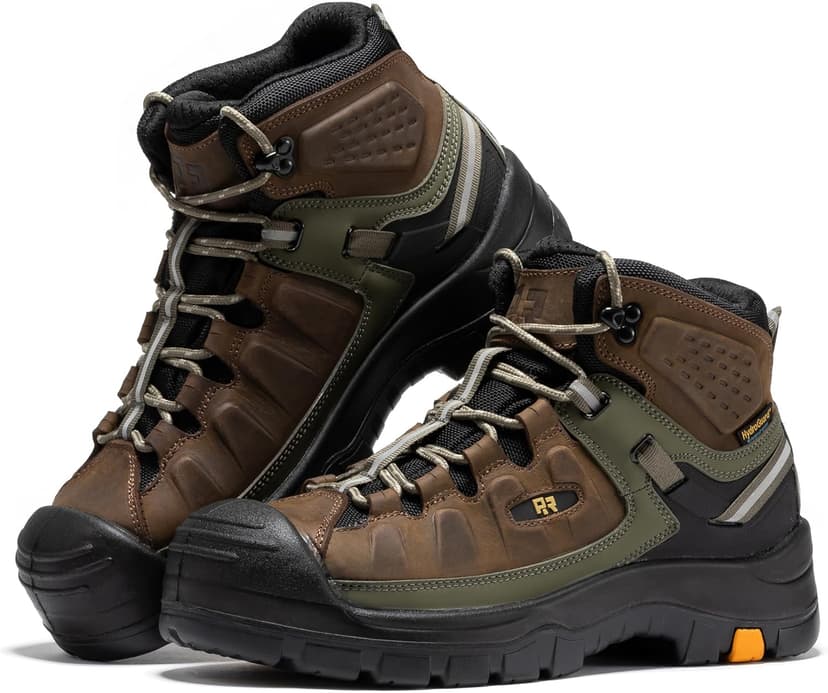 ROCKROOSTER Woodland Waterproof Composite Toe Work Boots for Men, 5" Comp Toe Cap Non-Slip Rubber Safety Boot, Leather Construction Hiking Boots, Comfortable, ASTM F2413-18 I/75 C/75 EH, AK661