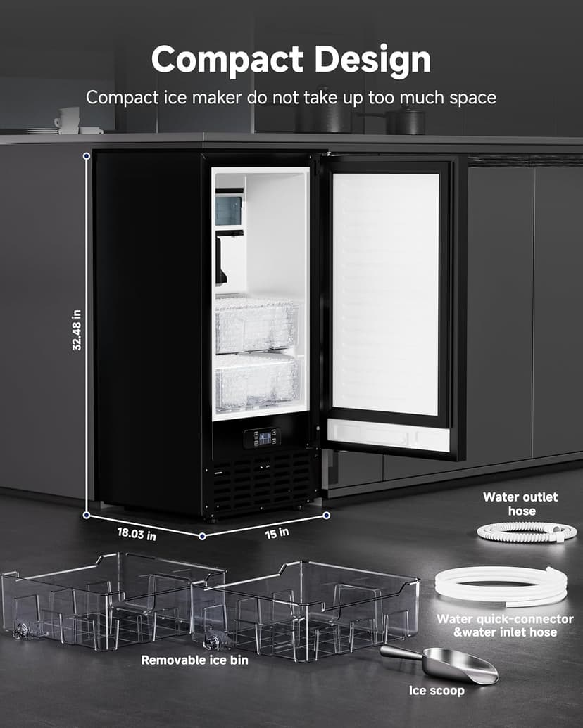 Under Counter Nugget Ice Maker, 70 lbs/Day Nugget Ice Machine, Built-in or Freestanding Ice Maker with 2-Drawer Ice Baskets, Auto-Cleaning & 24H Timer for Home and Bar Use