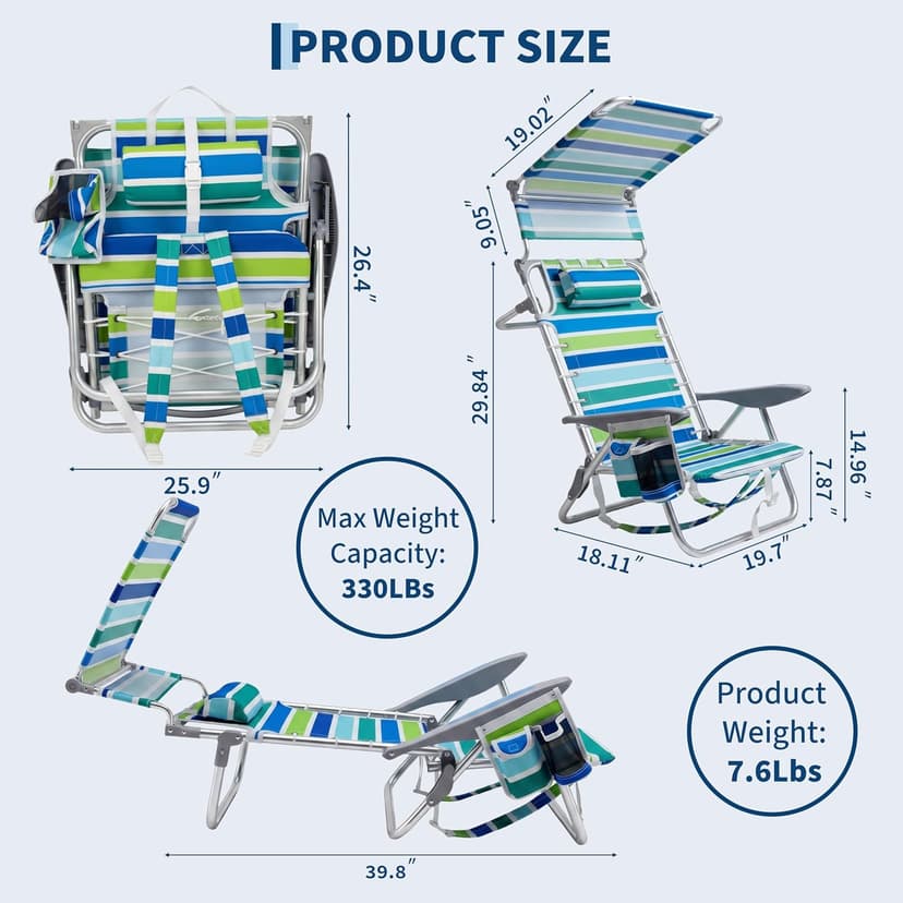 GarveeLife Backpack Beach Chair for Adults, Lightweight Portable Lay Flat Folding Beach Chair with Canopy Shade, 5 Reclining Positions, Backpack Straps, Phone Pocket, Cup Holder & Towel Bar