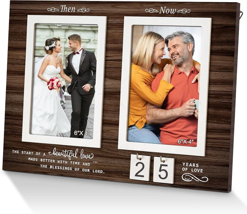 Then & Now Anniversary Picture Frame, 1-99 Years Wedding Gift Ideas - Anniversary Wood Photo Frame, Engagement Bridal Shower Gifts with Sentimental Quote - Holds 2 4x6 Inches Photos (Then & Now)