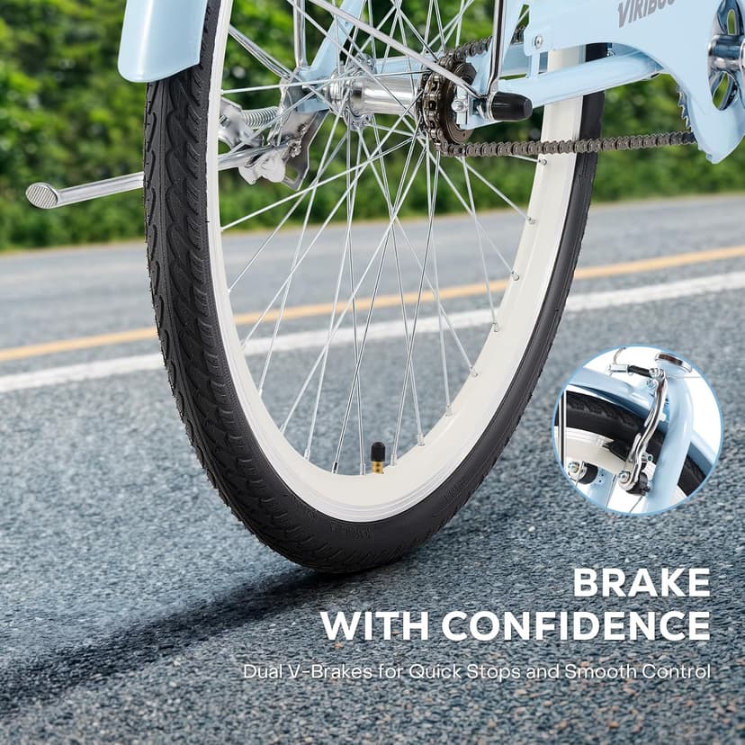 VIRIBUS Beach Cruiser Bike for Women, Single Speed Womens Bike with Basket & Rack 24 26 inch, Retro Step Through Cruiser Bicycle for Petite Short Women Female Ladies City Commuter, 330 lb.