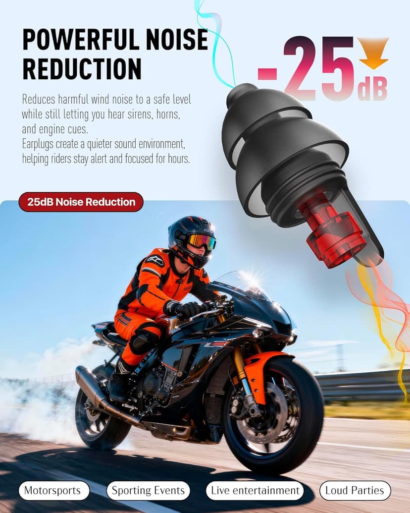 Motorcycle Ear Plugs for Wind Noise Reduction, 2 Pairs Reusable Motorcycle Accessories - Moto Earplugs, Soft Comfortable Hearing Protection for Motorbike, Touring, Racing, Riding - 25dB, Biker Gifts