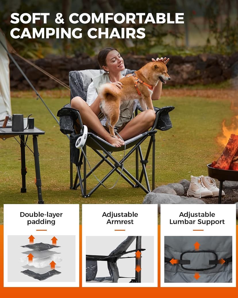 KingCamp Oversized Camping Chair with Adjustable Lumbar Support, 550lbs Heavy Duty Padded Folding Lawn Chair for Adults, Outdoor Armchair with Cooler Bag, Cup Holder & Side Pocket for Fishing, Travel