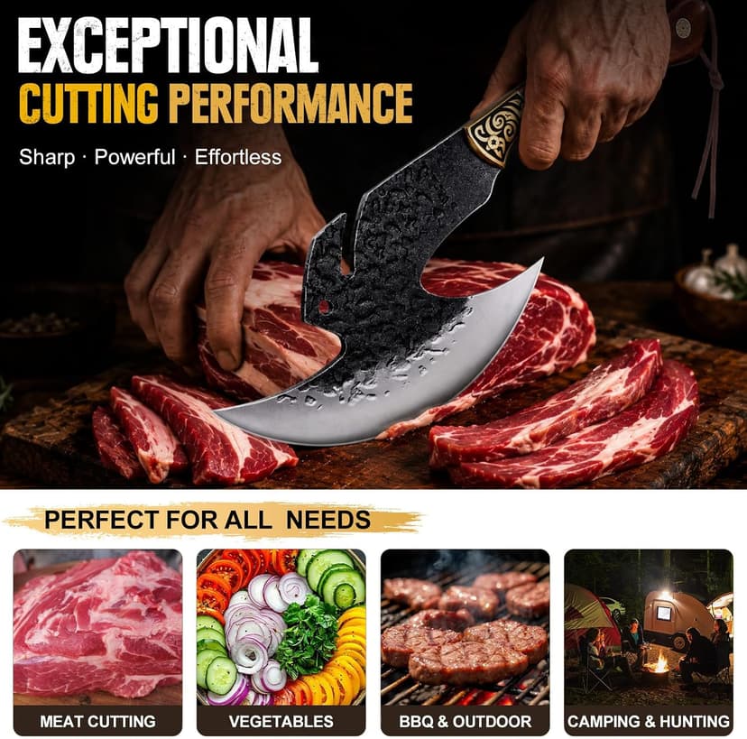 High carbon steel kitchen axe for meat cutting. Ideal for outdoor BBQ & camping. Premium birthday gift box for men & dad Topfeel Hand Forged Meat Cleaver,6.2" Viking Knife with Sheath gift for men B0FVSNSCRK