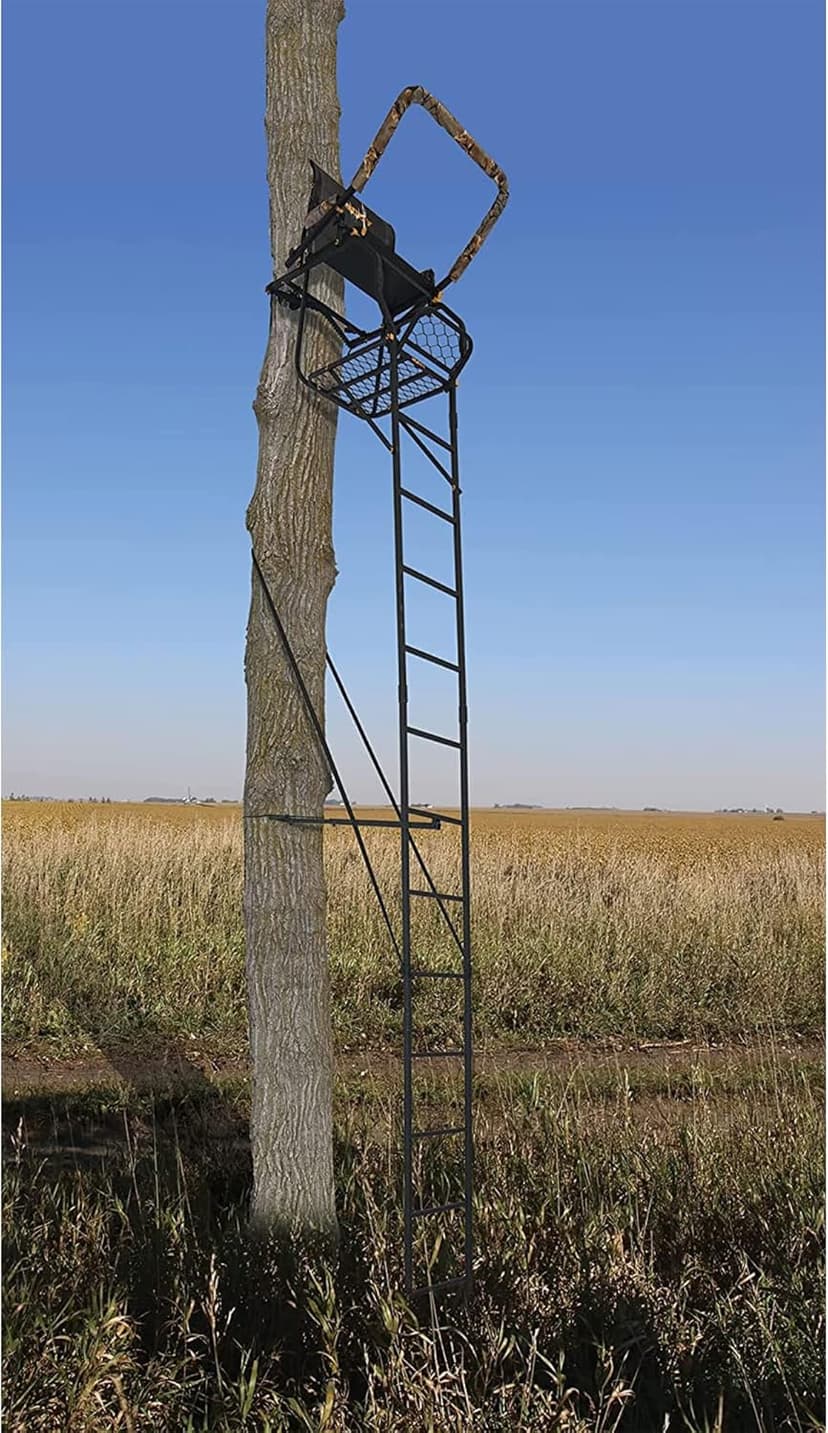 MUDDY 1-Person Huntsman Deluxe Steel Ladder Tree Stand, 17 ft Tall, 300 lb Capacity - Heavy-Duty Hunting Treestand with Lumbar Support Seat, Flip-Back Adjustable Shooting Rail & Silencer Technology