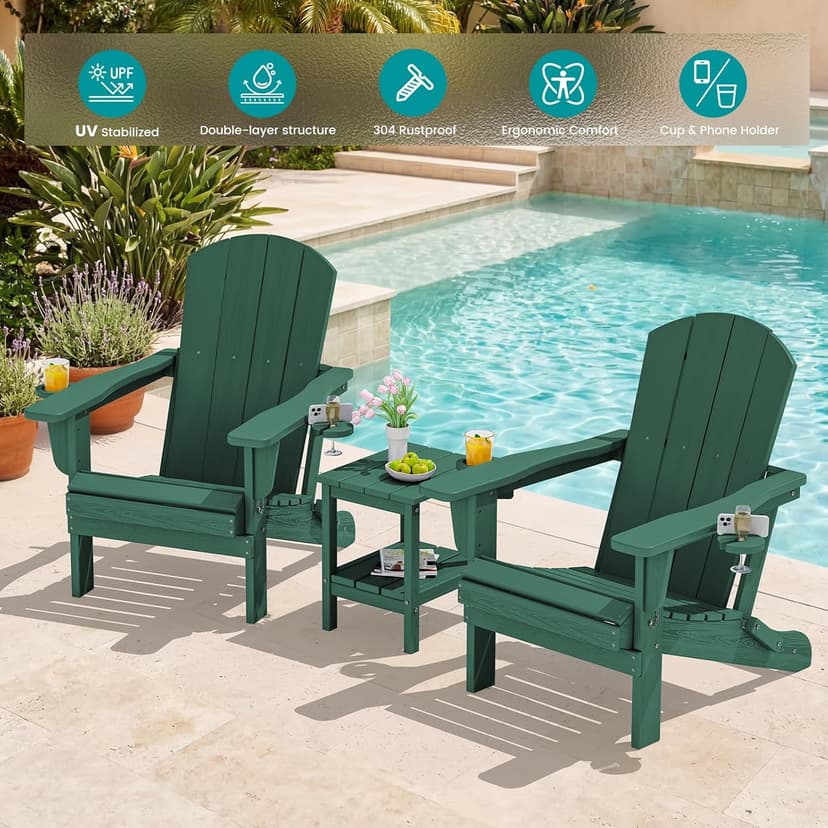 SERWALL Adirondack Chair with Cup Holders - Composite Adirondack Chairs Set of 4 HDPE Outdoor Chairs All Weather Use- Green