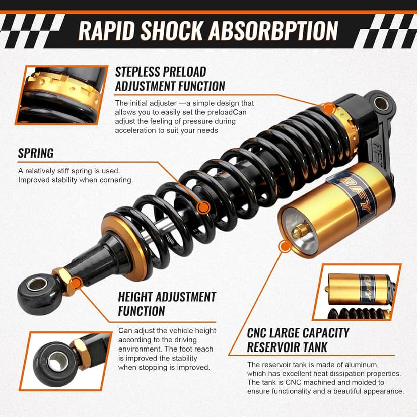 GZYF 13.4 inch Universal Motorcycle Rear Air Shock Absorbers 340mm for HONDA for Suzuki for Yamaha for Kawasaki ATV Go Kart Quad Dirt Sport Bikes,Gold