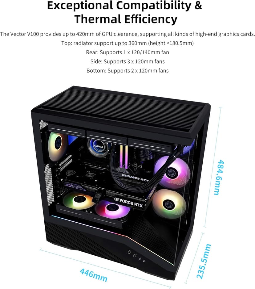Lian Li V100 ATX Mid-Tower PC Case, 4 x 120mm ARGB PWM Fans Pre-Installed, LED RGB Strip, Display Platform with Tempered Glass, Support 420mm GPUs, 360mm Radiator, Optimized Airflow - Black (V100RX)